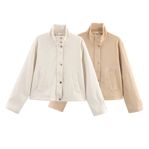 Damen Jacke Aus Wildlederimitat Stehkragen Kurz Outerwear Langarm Einreihig Streetwear Casual Mantel Mit Taschen