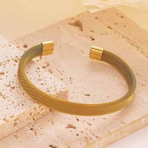 Dames Hooggepolijst Roestvrij Staal Geweven Mesh Armring Goud Vergulde Open Verstelbare Armband Mode Sieraden Cadeau