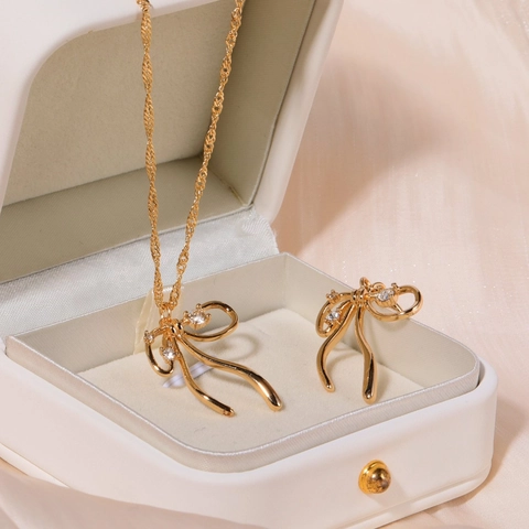 Schleife Anhänger Halskette Und Ohrringe Vintage Kupfer Vergoldet Zirkon Elegante Schmuck Für Frauen