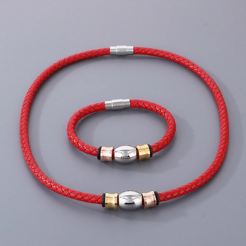 Geflochtenes Armband Halskette Aus Echtem Rindsleder Edelstahl Magnetverschluss Mehrfarbige Perlen Minimalistischer Punk Stil