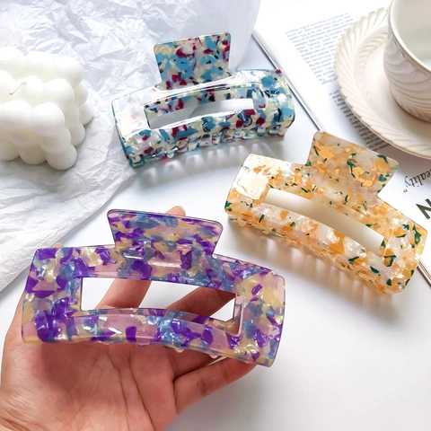 Pinza Para El Cabello Grande De Acetato Rectangular Mármol Carey Damero Accesorio Elegante Para Mujeres