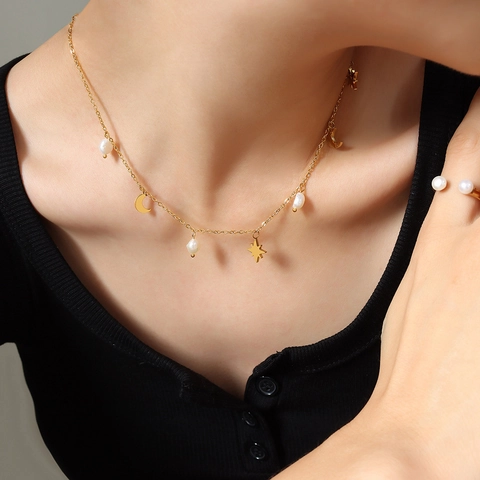 Collana Stella Luna Perla de Agua Dulce Naturale D'acqua Dolce Placcato Oro 18K Acciaio Al Titanio Girocollo Gioielli Eleganti Donna