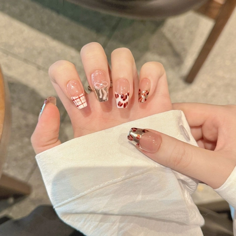 Uñas Postizas Hechas A Mano Estampado Leopardo Rosa Espejo Francés Ataúd Uñas Artificiales Con Decoración Lazo 3D Para Mujer