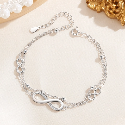Braccialetto a Doppio Strato in Argento Sterling 925 con Simbolo dell'Infinito Platino Oro Rosa Strass Intarsiato Perline Regolabile Elegante Bracciale da Donna Gioielli