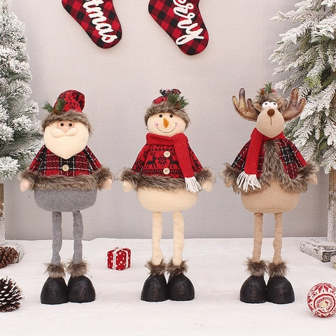 Bambola Peluche Natale Tessuto Quadri Rosso Babbo Natale Pupazzo Neve Renna Gambe Telescopiche Ornamento Decorazione Casa