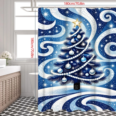 Kerst Douchegordijn Waterdicht Polyester Blauw Boompatroon Badkamer Decoratie Wintervakantie Sterrennacht Motief Met Haken