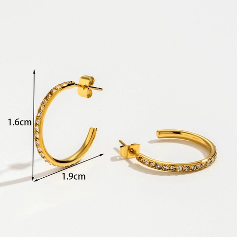 Orecchini a Cerchio a C in Acciaio Inossidabile per Donna Con Strass Pavé Trama a Spiga di Grano Placcati Oro Argento Gioielli