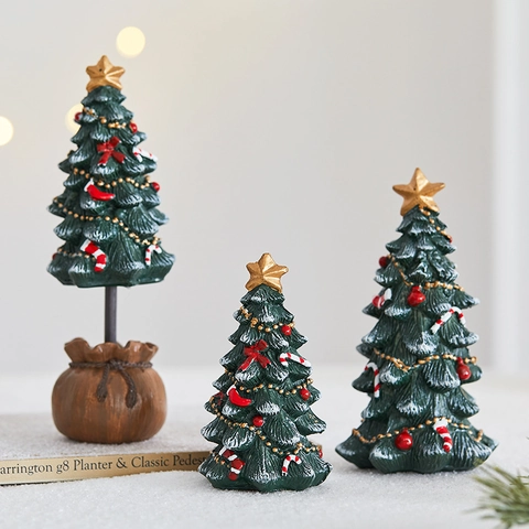 Mini Kerstboom Hars Bureau Ornamenten Met Sneeuweffect Gouden Ster Rode Boog Suikerriet Voor Vakantie Tafel Decoratie Thuis
