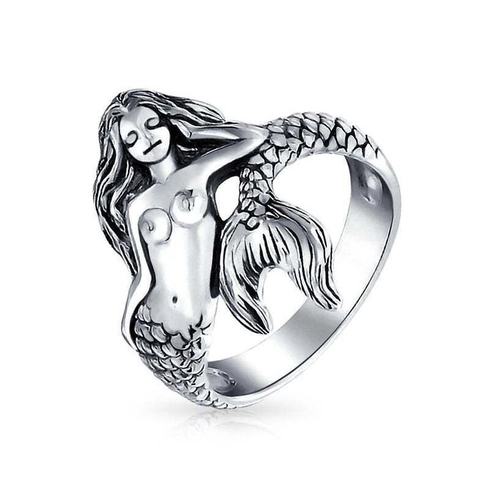 Vintage Mermaid Ring Copper Silver Plated Mythical Siren Sea Fairy Wrap Design Jewelry For Women