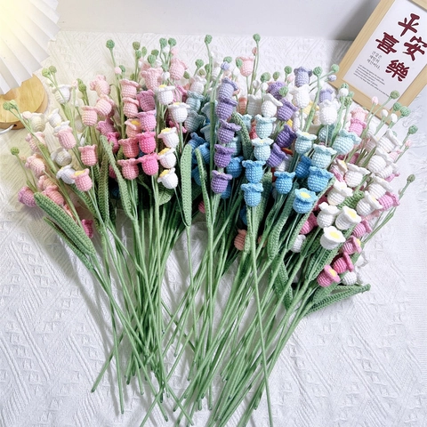 Hand Crocheted Lily Of The Valley Artificial Flower Stem Knitted Wool Yarn Handmade Aesthetic Home Table Decor Gift