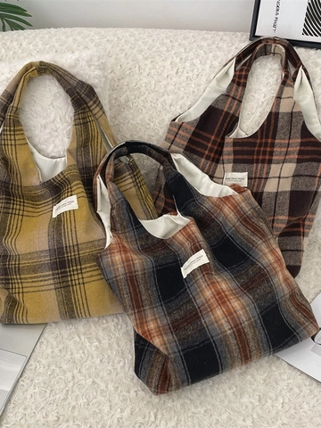 Sac Fourre-tout En Laine À Carreaux Vintage Grande Capacité Sac À Bandoulière Rétro Pour Femmes Étudiantes Décontracté