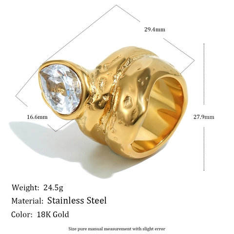 Anello In Acciaio Inossidabile Zircone Goccia D'Acqua Placcato Oro 18K Texture Lava Irregolare Martellato Fascia Larga Donna