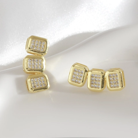 Orecchini a Bottone Triplo Quadrato Geometrico per Donna in Rame Con Perno in Argento Sterling 925 Oro Strass Gioielli