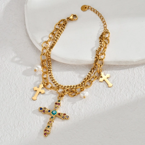 Collana a Doppio Strato in Acciaio Inossidabile con Pendente a Croce Bracciale con Perle Artificiali e Malocchio Donna Gioielli