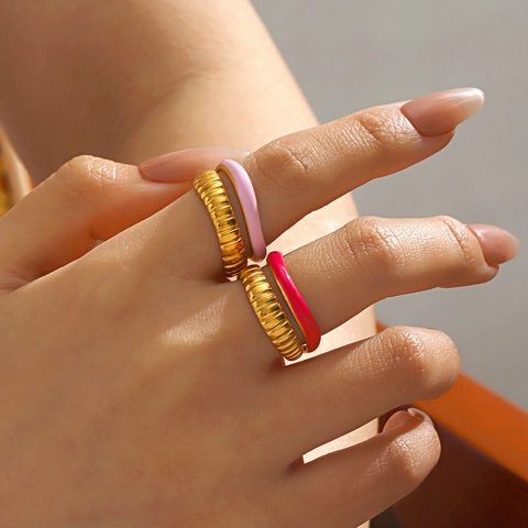 Adjustable Open Ring Stainless Steel Enamel Drip Oil Double Layer Textured Minimalist Geometric Jewelry For Women