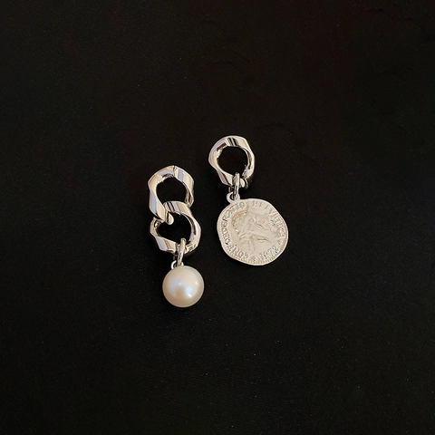 Asymmetric Chain Earrings With Coin Portrait And Artificial Pearl Pendants Copper Jewelry With 925 Sterling Silver Earring Post