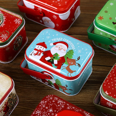 Caja De Hojalata Portátil Para Dulces De Navidad Con Asa Recipiente De Regalo Rectangular De Metal Para Fiestas