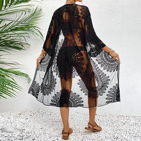 Women Lace Embroidered Beach Cover Up Kimono Cardigan Hollow Out Mesh Tassels Bohemian Swimsuit Smock