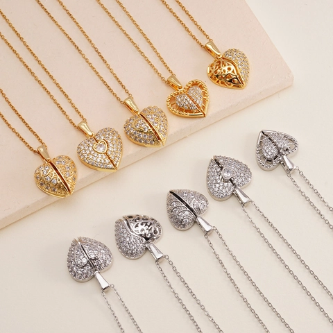 Heart Locket Necklace Copper Cubic Zirconia Micro Pave Openable Wings Pendant Elegant Luxury Jewelry For Women