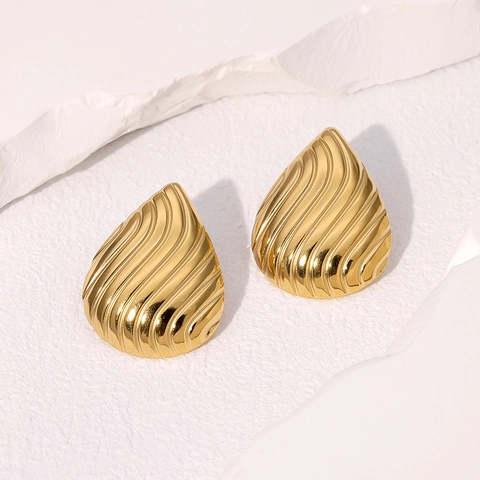 Orecchini a Bottone a Goccia d'Acqua in Acciaio Inossidabile Trama Increspata Design Minimalista a Goccia Gioielli da Donna