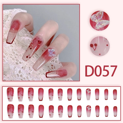 Unghie Finte A Pressione Lunghe Coffin Sfumatura Rossa Motivo Ciliegia Fiocco 3D Lucide Unghie Da Incollare Stile Dolce Per Donne