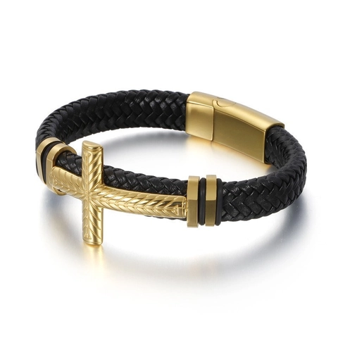 Gevlochten Leren Armband Met Metalen Kruis Bedeltje Magnetische Sluiting Punk Mode Sieraden Voor Heren Vintage Stijl