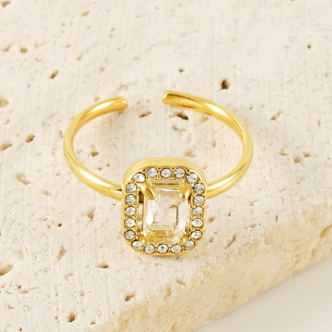 Rectangle Zircon Halo Ring Stainless Steel 18K Gold Plated Adjustable Elegant Fashion Jewelry For Women