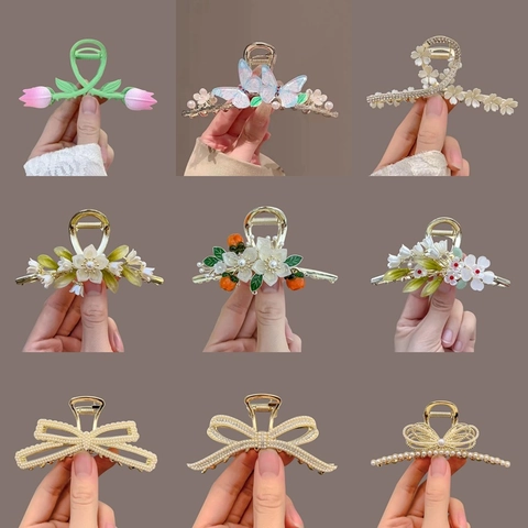 Elegant Hair Claw Clip Alloy Rhinestone Artificial Pearl Flower Butterfly Large Shark Clip Vintage Hair Accessories For Women