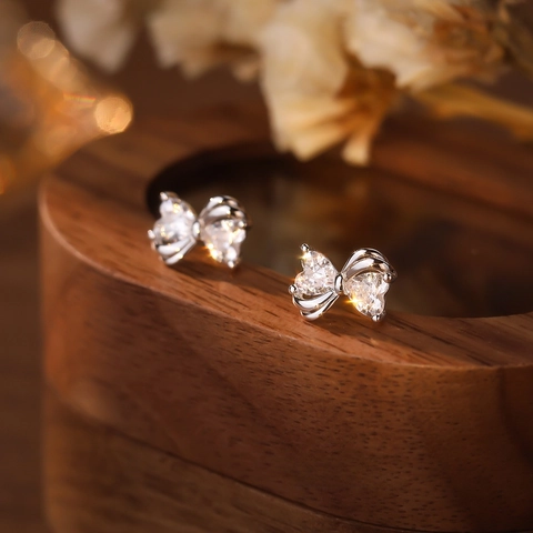 Orecchini A Lobo Con Fiocco Argento Sterling 925 Zircone Cuore Scintillante Gioielli Per Donne