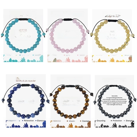 Beaded Bracelet Natural Stone Handmade Adjustable Woven Cord Healing Crystal Agate Jewelry Unisex Anxiety Relief Gift Card