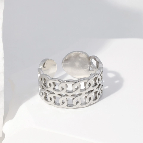 Anillo Abierto Ajustable De Acero Inoxidable Con Cadena Hueca Doble Joyería Punk Minimalista Retro