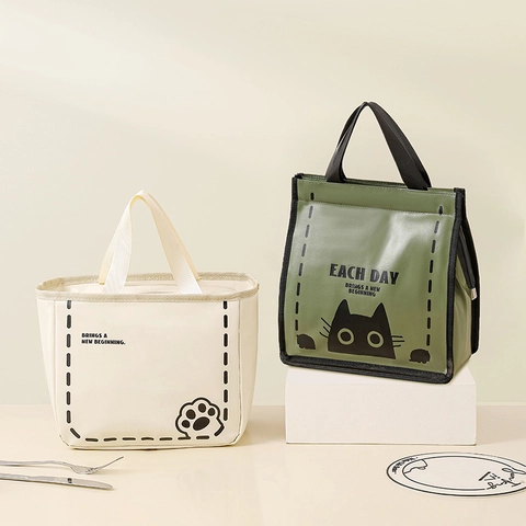 Geïsoleerde Lunchtas PU Leer Waterdichte Thermische Tas Schattige Cartoon Kat Print Picknick Handtas Draagbare Koeltas
