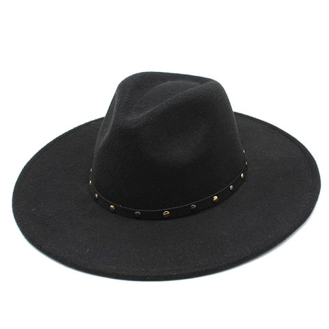 Wide Brim Fedora Hat Wool Felt Vintage Jazz Cap With Metal Rivet Belt For Women Men Elegant Western Fashion Style