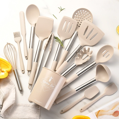 Silicone Stainless Steel Cooking Tools Heat Resistant Non-Stick Spatula Spoon Whisk Tongs Brush With Holder Kitchen Accessory Collection