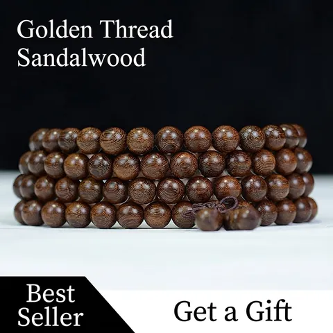 Gold Satin Sandalwood Multi Loop Prayer Beads Bracelet Wooden Mala Meditation Rosary Ethnic Zen Jewelry For Men Women