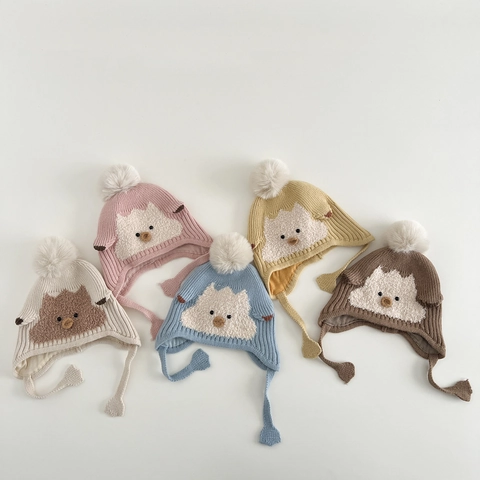 Bonnet En Tricot Pour Bébé Avec Oreillettes Chaud Hiver Coupe-Vent Pompon Motif Animal Dessin Animé
