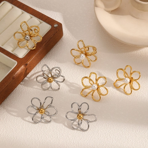 Floraler Schmuck Edelstahl Künstliche Perle Ohrstecker Und Verstellbarer Ring Minimalistischer Eleganter Stil Für Frauen