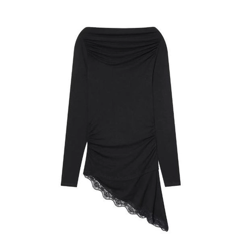 Women Long Sleeve Off Shoulder T-Shirt Polyester Ruched Side Asymmetric Lace Hem Elegant Slim Top