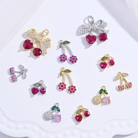 Ciondolo Ciliegia Pendenti Fiocco Ottone Con Zirconi Colorati Accessorio Gioielli DIY Collana Braccialetto Donna