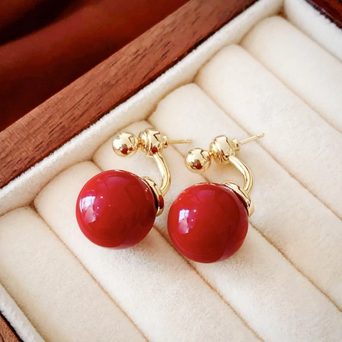 Double Sided Red Imitation Artificial Pearl Stud Earrings With Silver Earring Post Gold Plated Copper Vintage Style For Women
