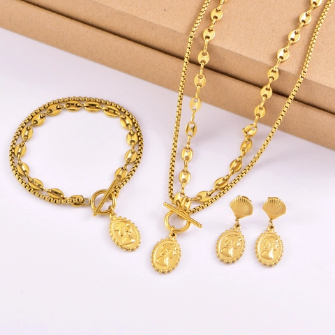 Collier Double Couche Relief Portrait Et Bracelet Et Boucles Oreilles Acier Titane Plaqué Or Bijoux Pièce Femmes