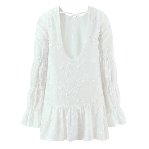 Witte Katoenen Borduurwerk Mini Jurk 3D Bloemen Open Rug Lange Pofmouwen Ruches Zoom Elegant Casual Dames