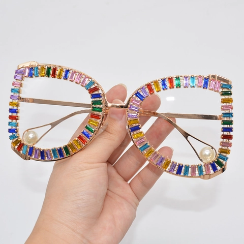 Occhiali Da Sole Oversize Con Strass Cristallo Colorato Montatura In Metallo Decorazione Perla Artificial Moda Donna Festa Novità