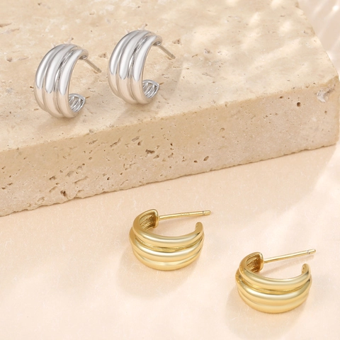 Ribbed C-Shaped Hoop Earrings 925 Sterling Silver Minimalist Triple Layer Texture Polished Statement Jewelry For Women