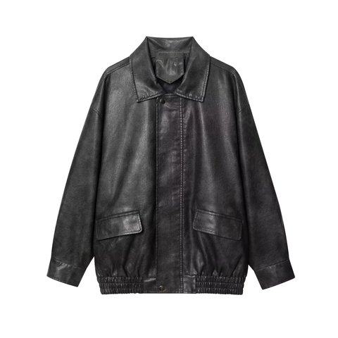 Damen Vintage Kunstleder PU Jacke Locker Geschnitten Revers Langarm Reißverschluss Mantel Mit Taschen Elastischer Saum Streetwear