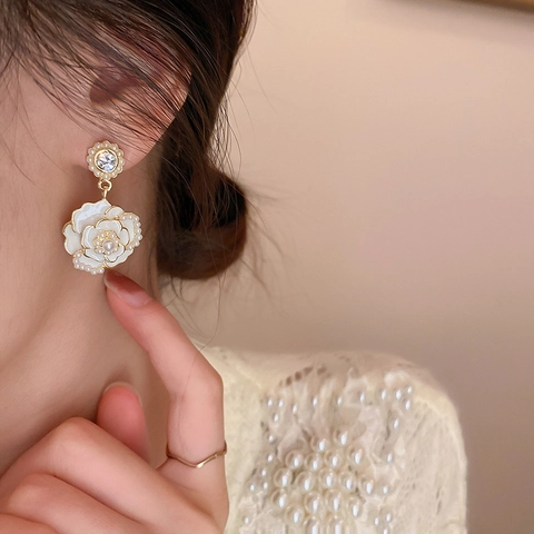 Vintage Camellia Flower Drop Earrings With Enamel Rhinestone Imitation Artificial Pearl And 925 Sterling Silver Earring Post Elegant