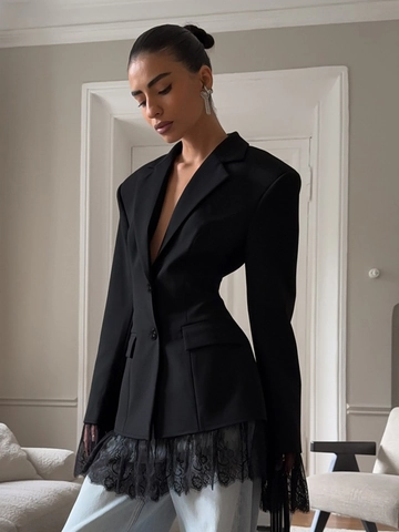 Blazer Élégant Femme Veste Dentelle Ourlet Poignets Patchwork Coupe Ajustée Bureau Dame Formel Manches Longues Polyester