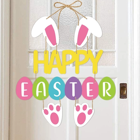 Easter Door Hanging Decoration Paper Happy Easter Letter Sign With Rabbit Ears And Paws Colorful Egg For Party Home Decor