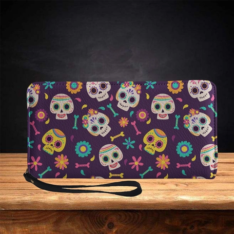 Damen Lange Geldbörse PU Leder Reißverschluss Clutch Tasche Mit Handschlaufe Halloween Mexikanischer Tag Der Toten Print