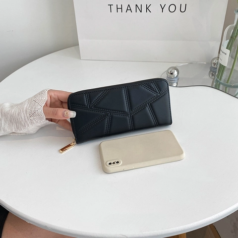 Damen Lange Reißverschluss Geldbörse PU Leder Geometrisch Gesteppt Mode Große Kapazität Clutch Geldbörse Mehrere Kartenfächer